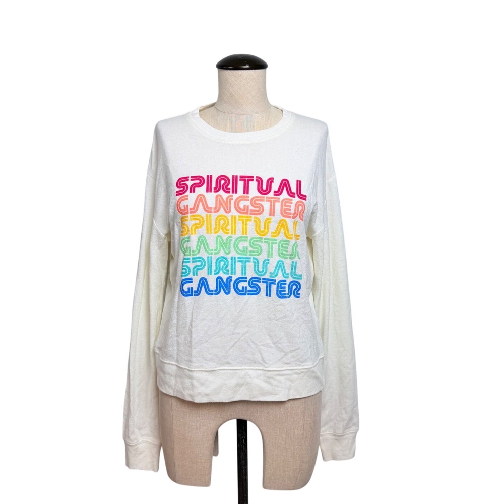 Spiritual Gangster Womens Rainbow Stacked Logo Sweater Cream Medium Long Sleeve